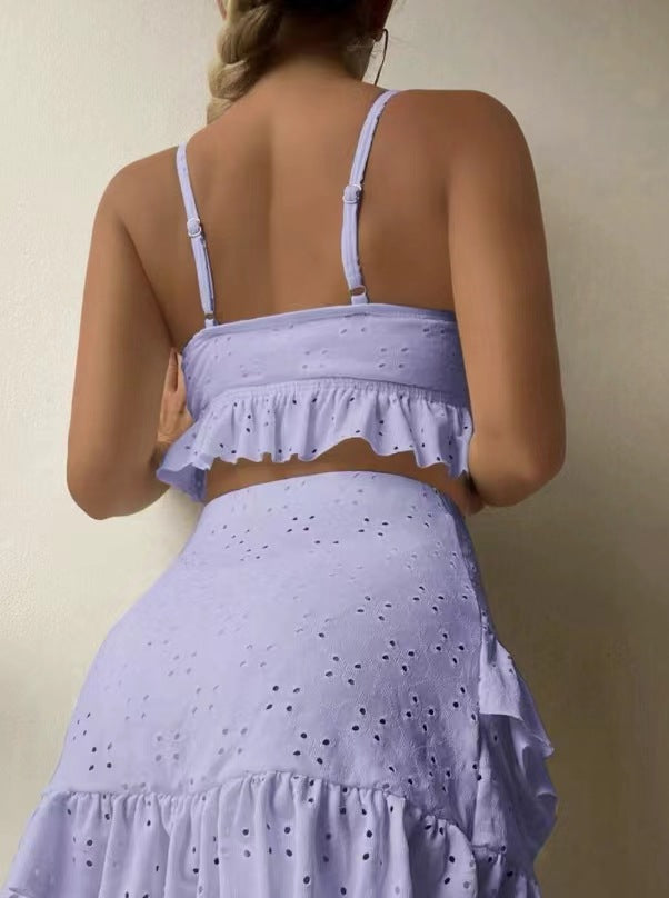 3pcs Beach Bikini With Hip-hugging Skirt Fashion Ruffle Design Swimsuit Set Summer Womens Clothing