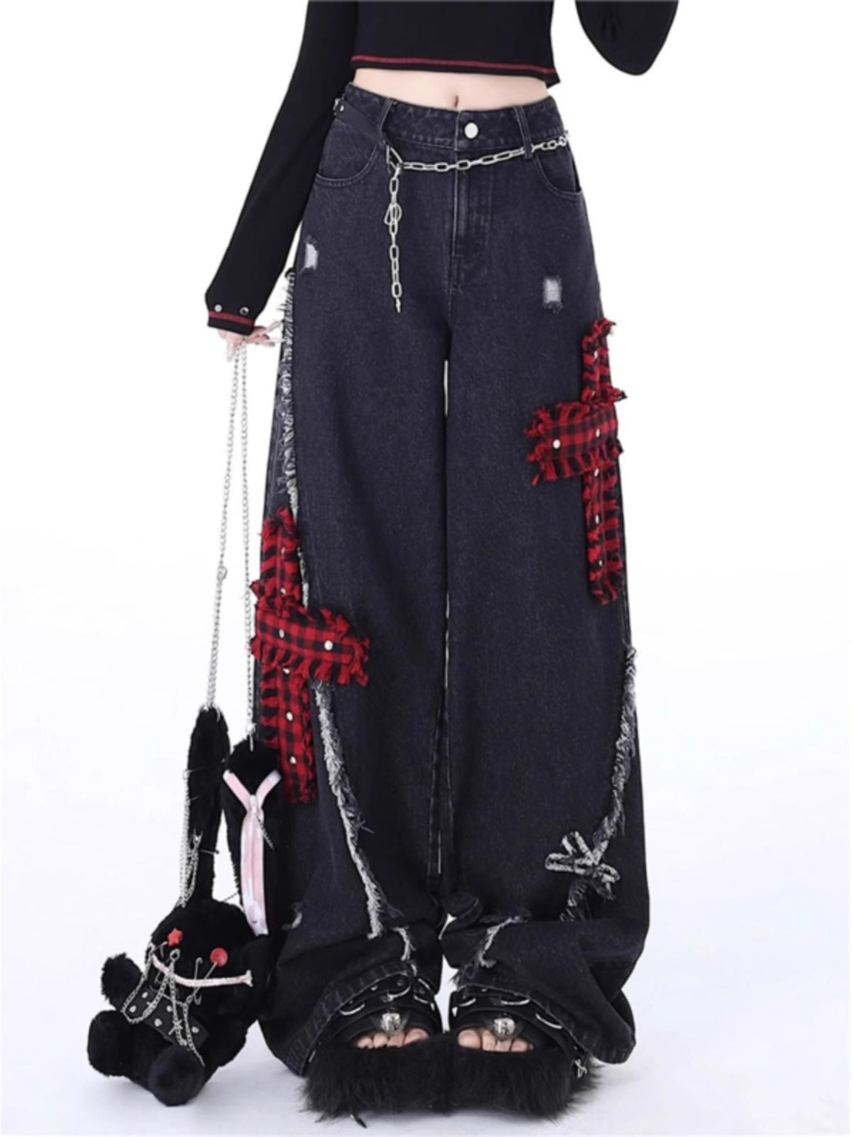 Retro Tattered Stitching Red Plaid Jeans