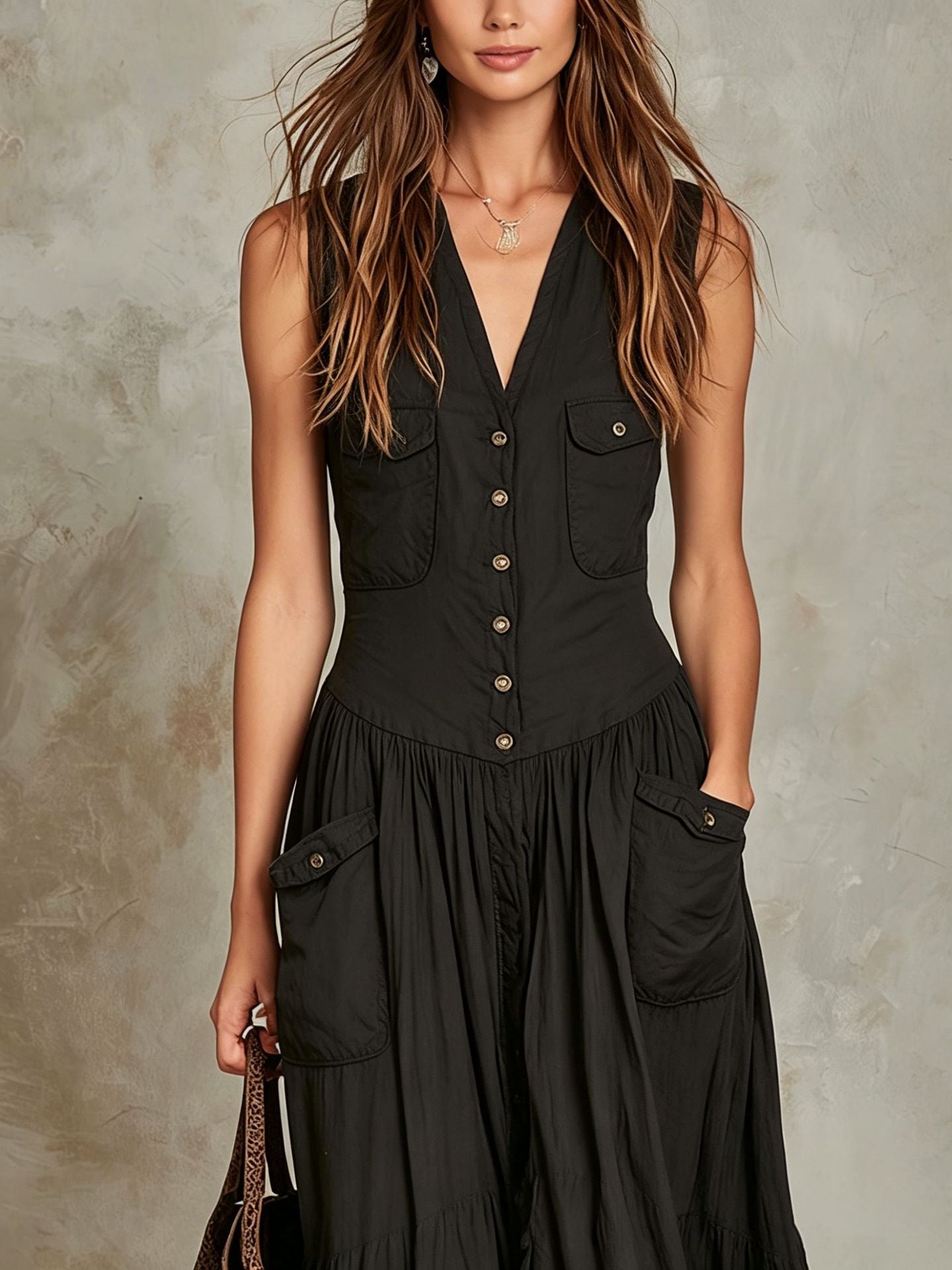 Relaxed-fit Sleeveless Casual V-neck Vintage Dress With Buttons
