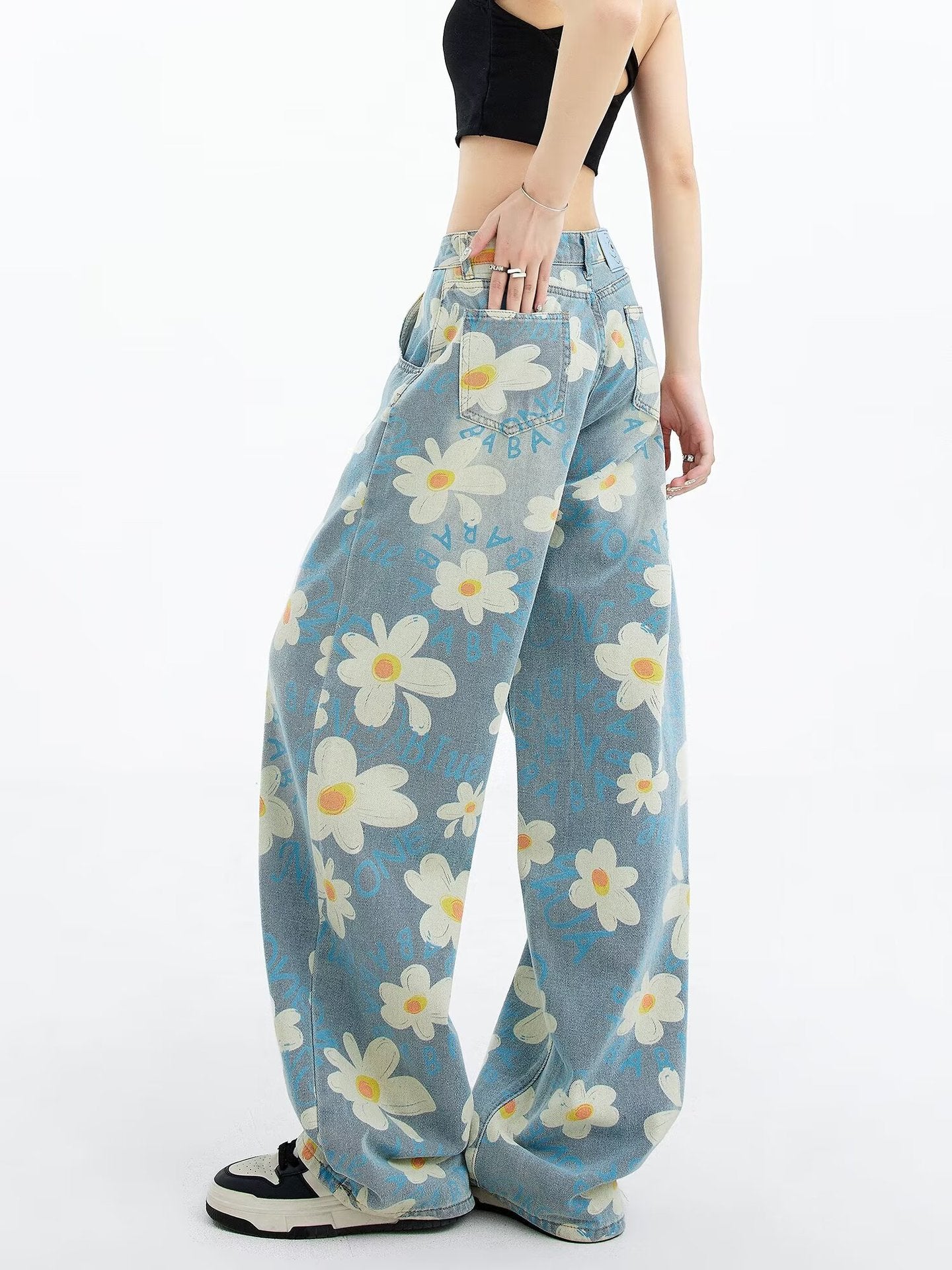 New Summer Printed Floral Wide-leg Washed Jeans For Women