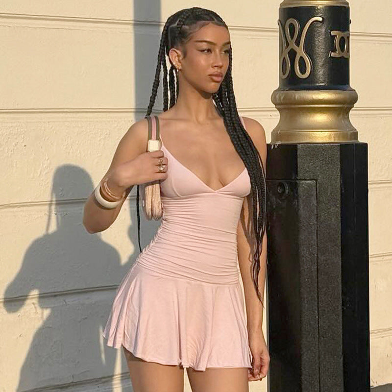 Sexy V-neck Suspender Dress Y2K Fashion Slim Ruffled Short Dresses For Women Clithing