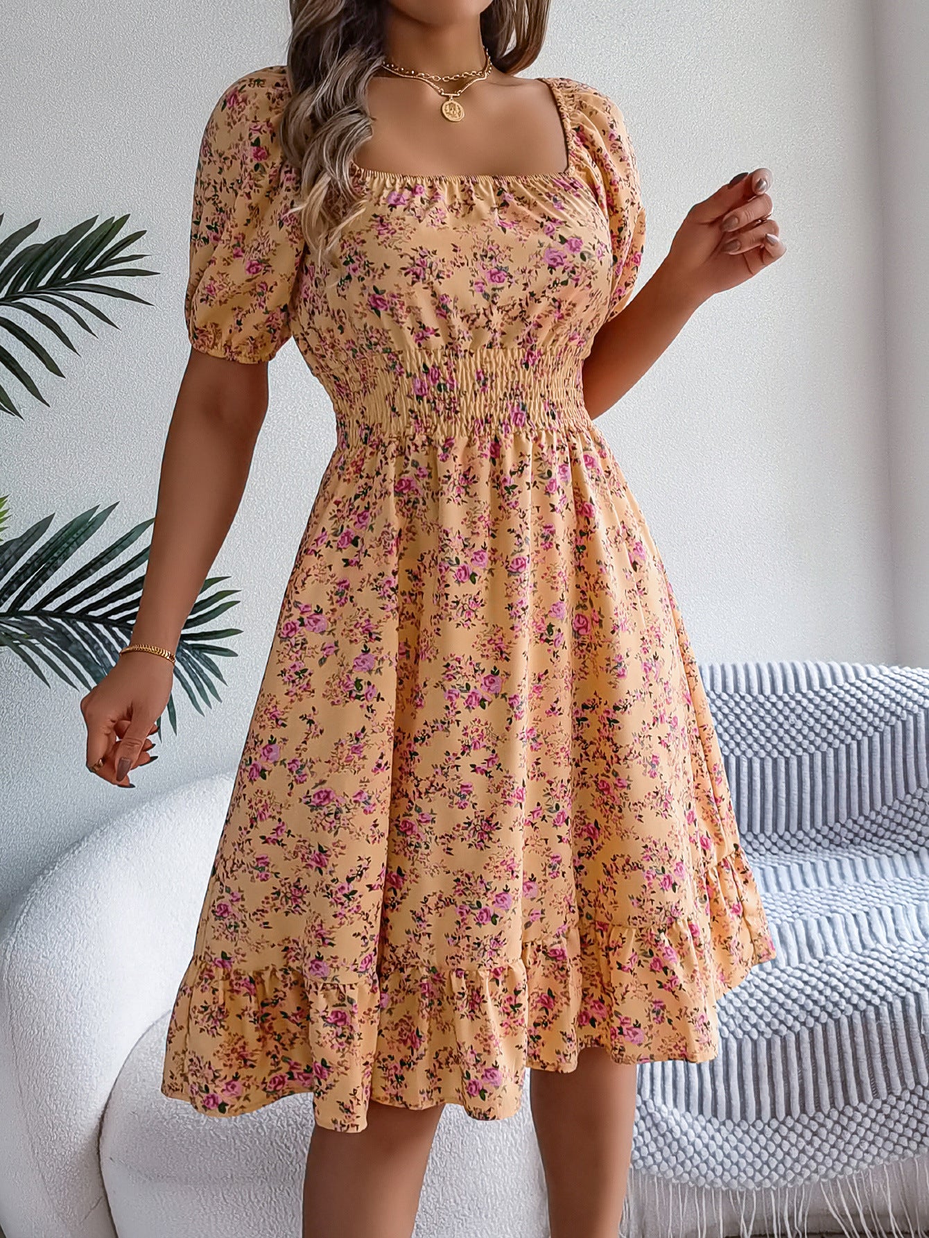 Floral Print Square Collar Dress Summer Fashion Ruffles Dresses Women's Clothing