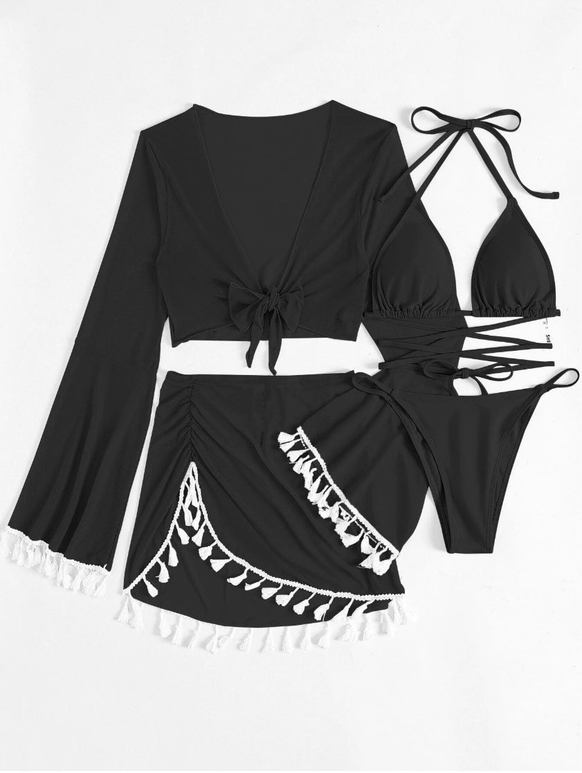 4pcs Solid Color Bikini With Short Skirt And Long Sleeve Cover-up Fashion Bow Tie Fringed Swimsuit Set Summer Beach Womens Clothing