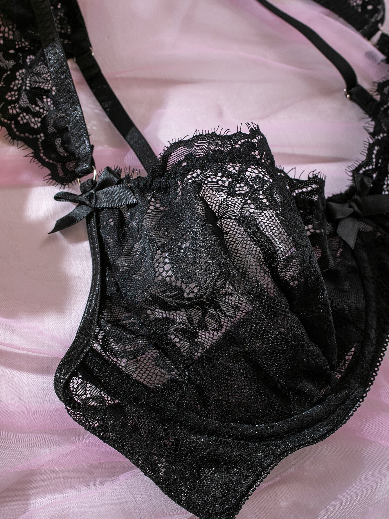 Lace Ruffle-Cuffed Sleeve Bow-Trim Sexy Lingerie Set For Women