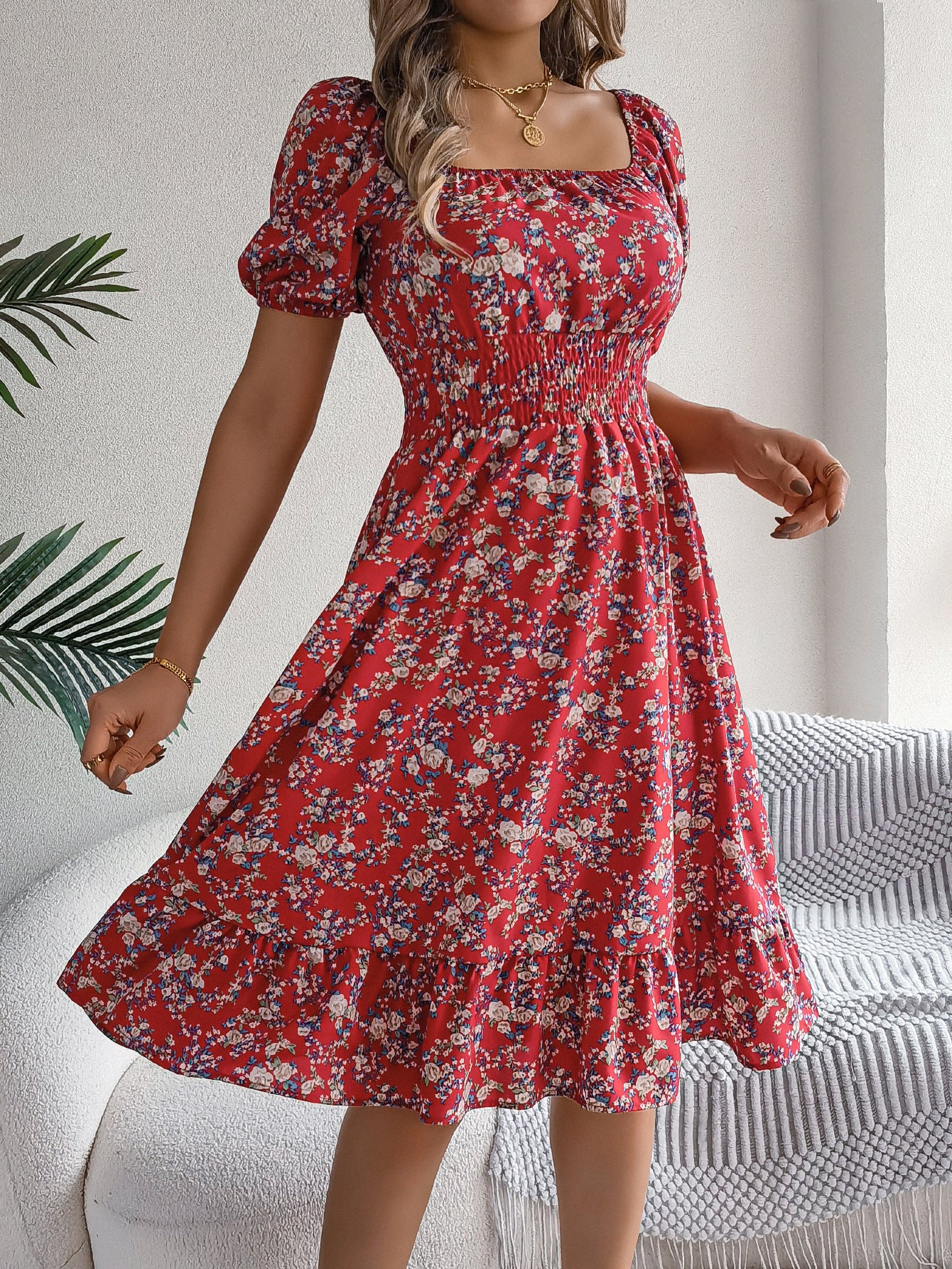 Floral Print Square Collar Dress Summer Fashion Ruffles Dresses Women's Clothing