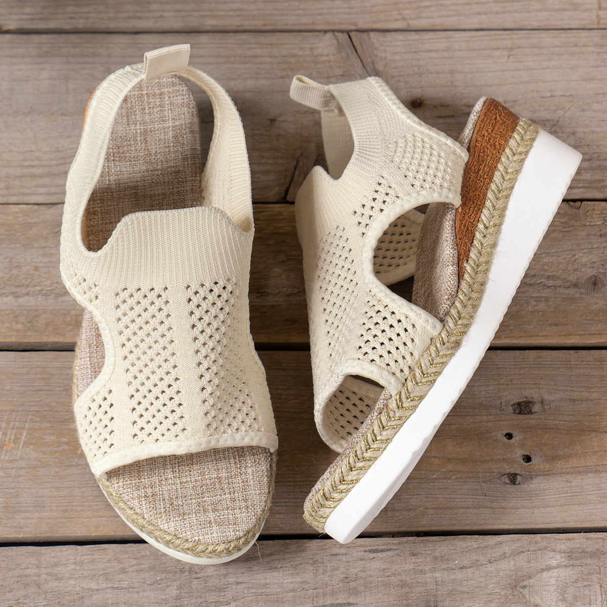 New Hollow Wedges Sandals Summer Fly Woven Breathable Mesh Shoes For Women Peep-Toe Sandals
