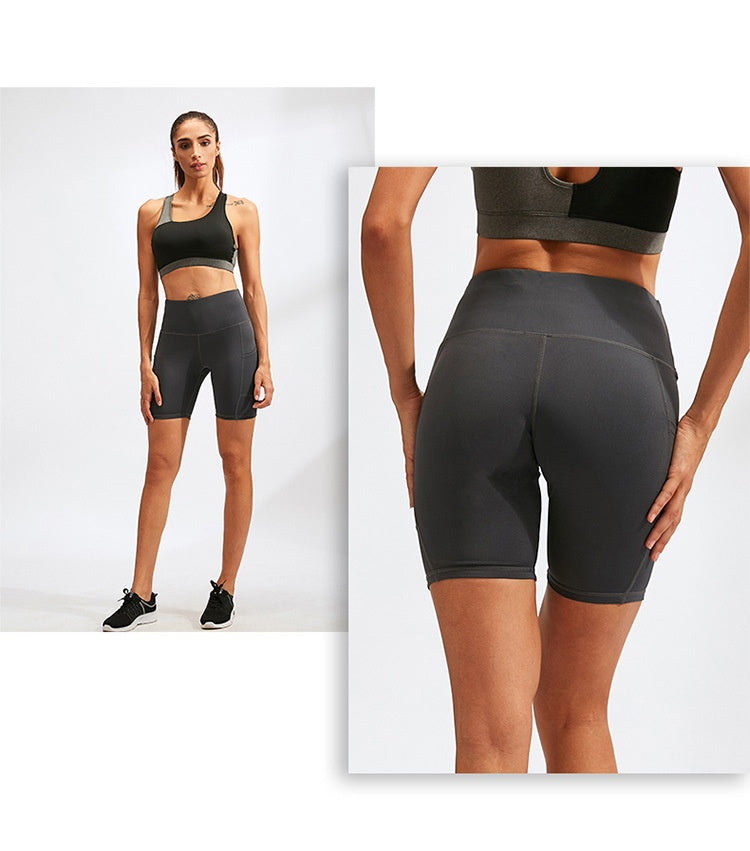 Women's High Waist Yoga Shorts Diagonal Pocket Running Training Quick-drying Tights Stretch Fitness