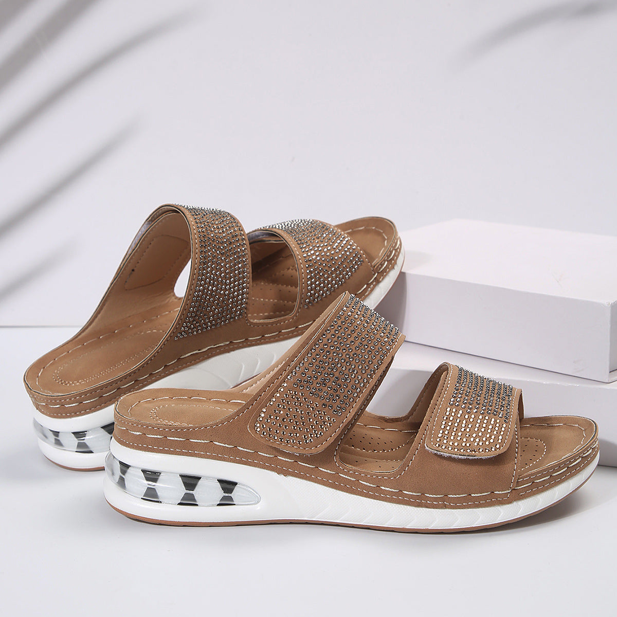 New Air Cushion Wedges Sandals Summer Casual Rhinestone Slides Roman Sandals For Women Non-slip Beach Shoes
