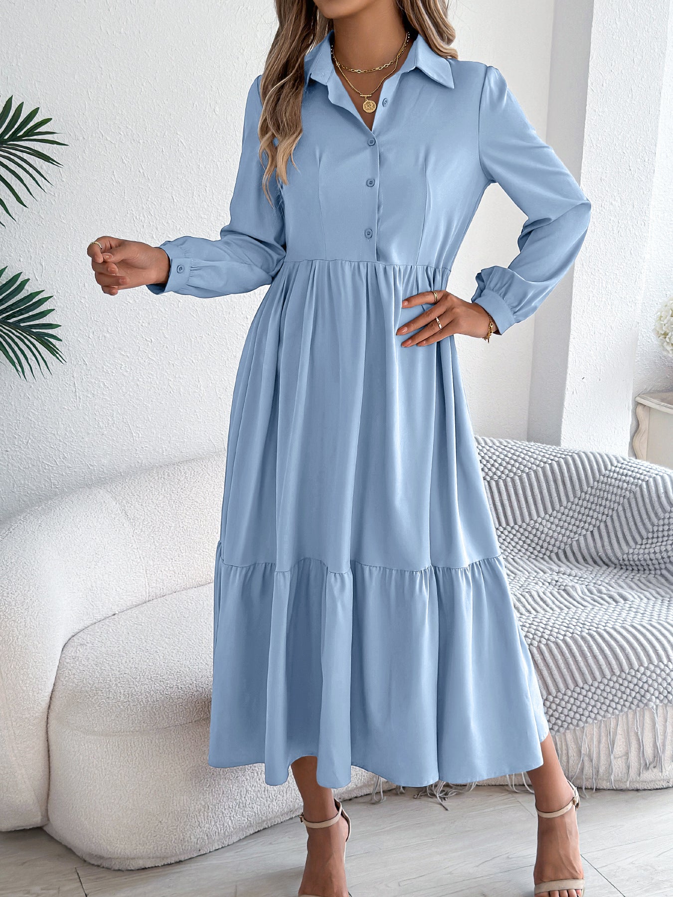 Women's Lapel Casual Loose Long Sleeve Ruffled Shirt Dresses Long Sleeved Turn-down Collar Single-Breasted Dress Spring Autumn Fashion Women's Clothing For Vacation