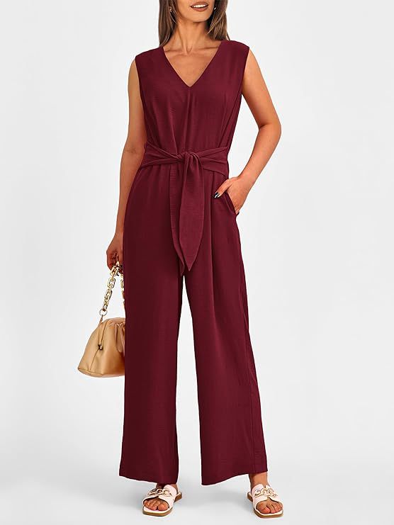 New V-neck Sleeveless Long Jumpsuit With Pockets And Lace-up Design Wide-leg Straight Trousers Summer Womens Clothing