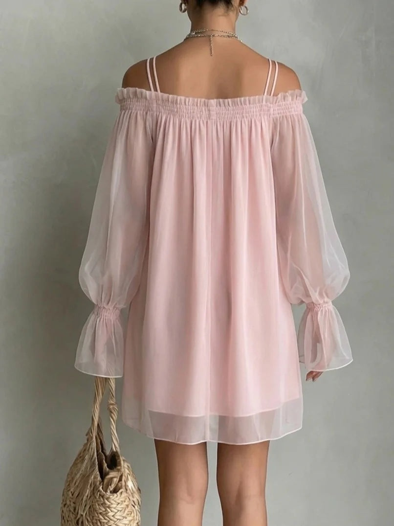 Sexy Sweet Double Strap Vestidos Off Shoulder Dress For Women Vestido Fairy Mini Loose Dresses Summer New Sheer Mesh Long Sleeve