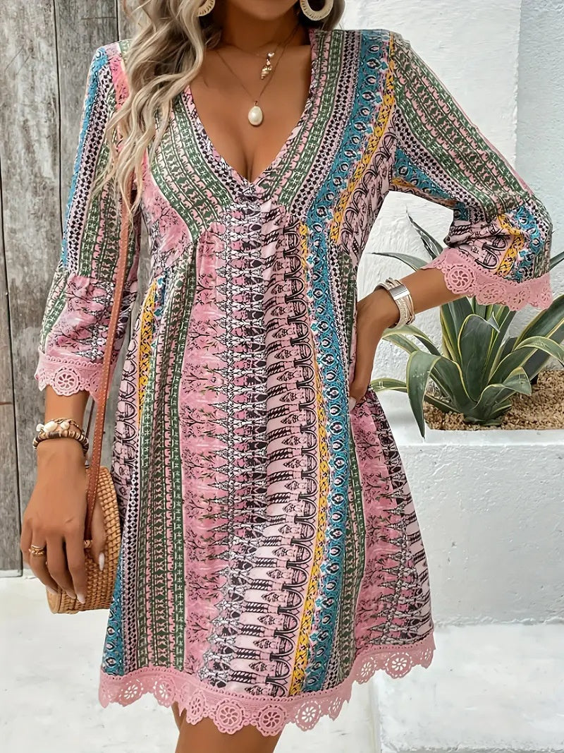Bohemian Style V-neck Printed Dress Fashion Casual Loose Beach Dresses For Women