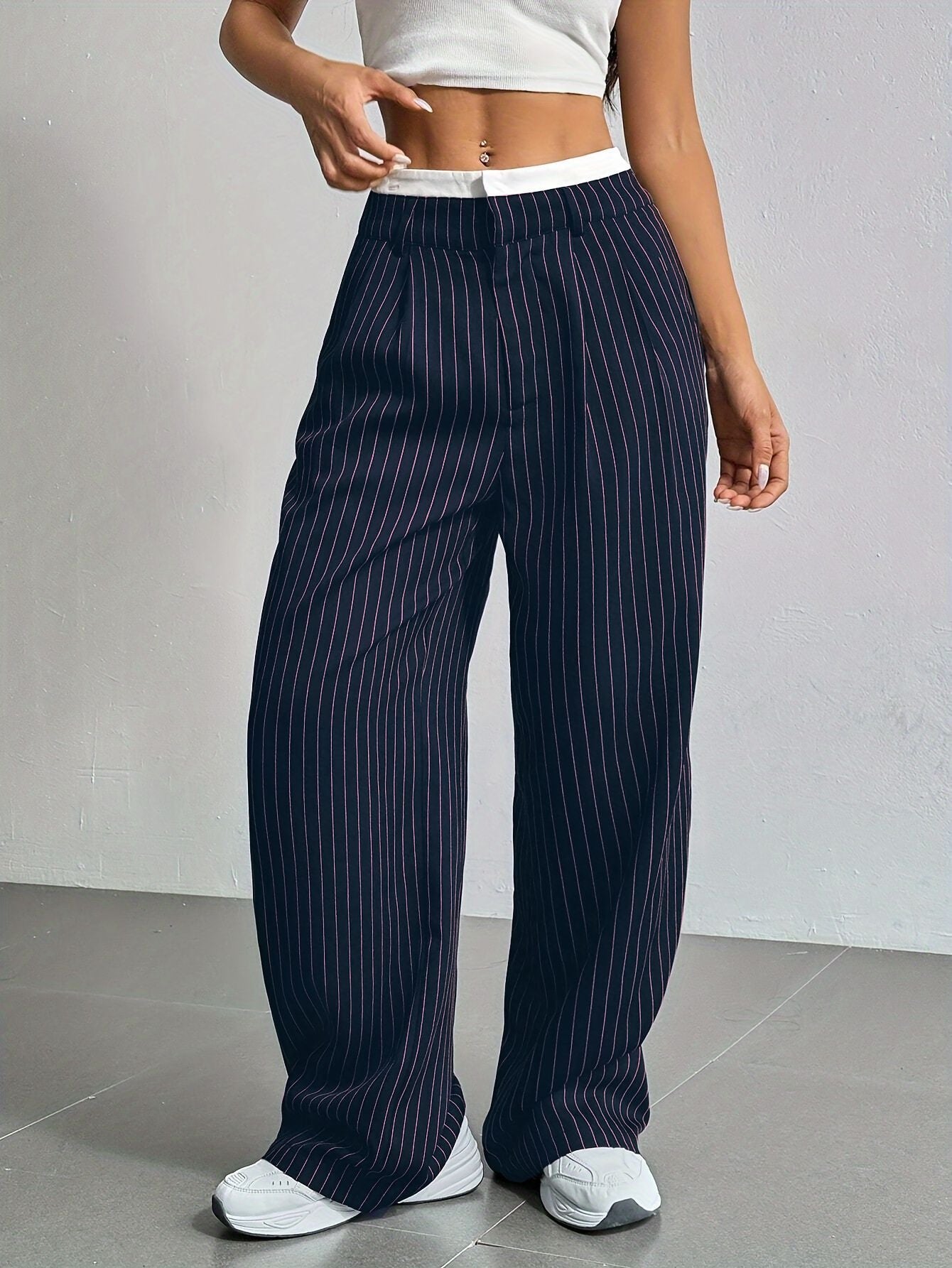 Stripe Printed Trousers Fashion High Waist Straight Leg Pants With Pocket Zipper Casual Suit Pants For Women
