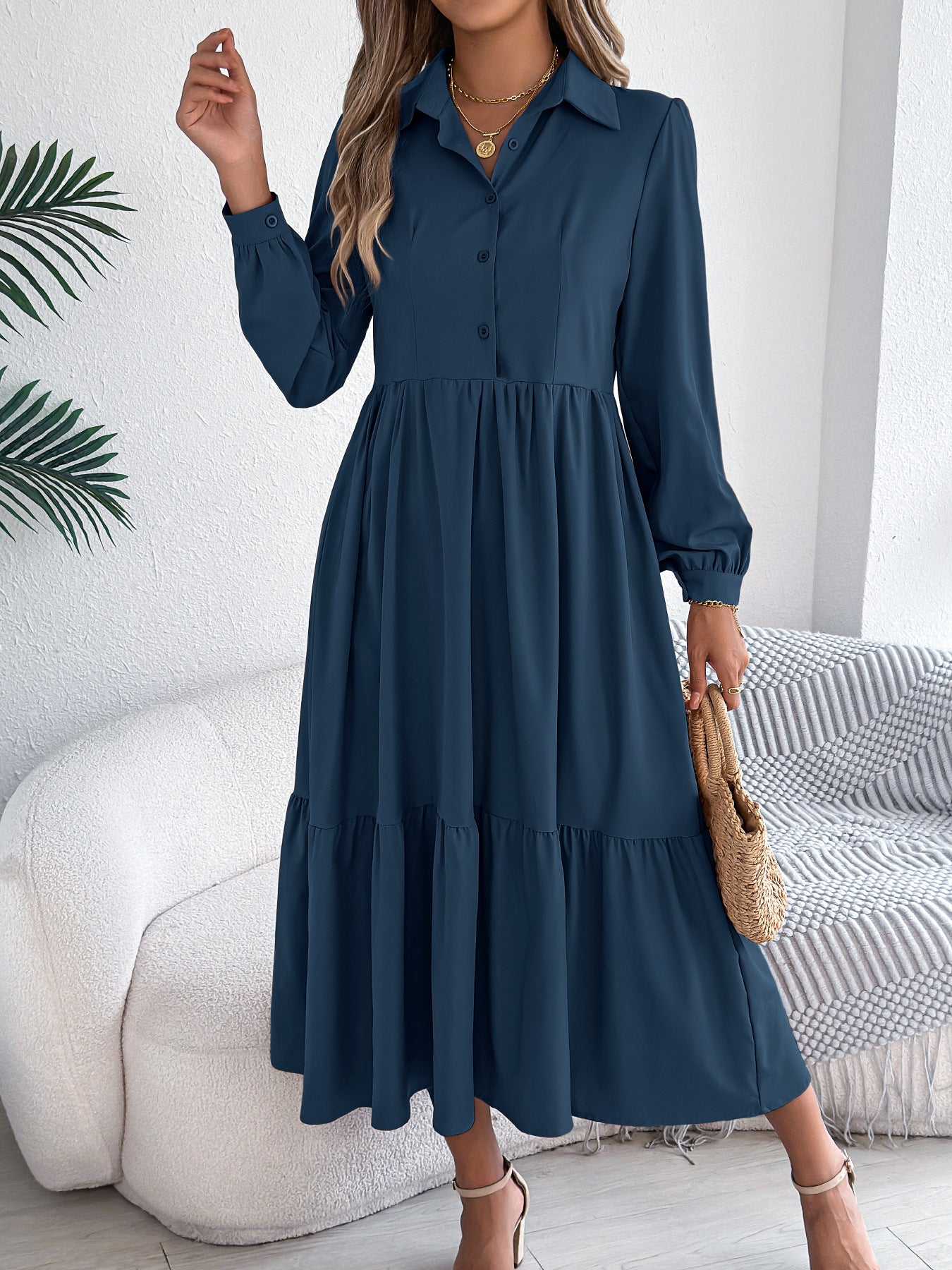 Women's Lapel Casual Loose Long Sleeve Ruffled Shirt Dresses Long Sleeved Turn-down Collar Single-Breasted Dress Spring Autumn Fashion Women's Clothing For Vacation