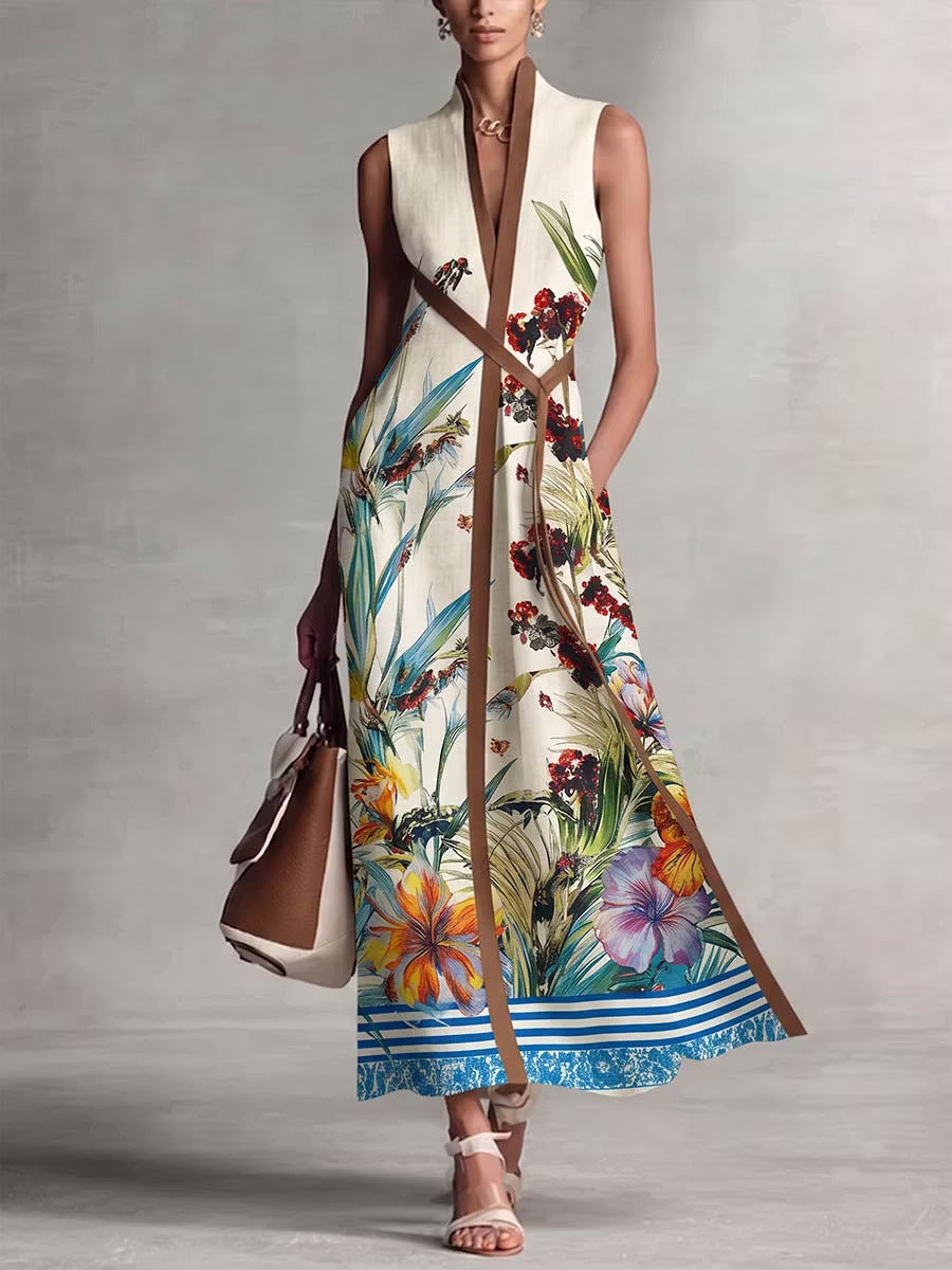 Sleeveless Long V-neck Printed Patchwork Dress