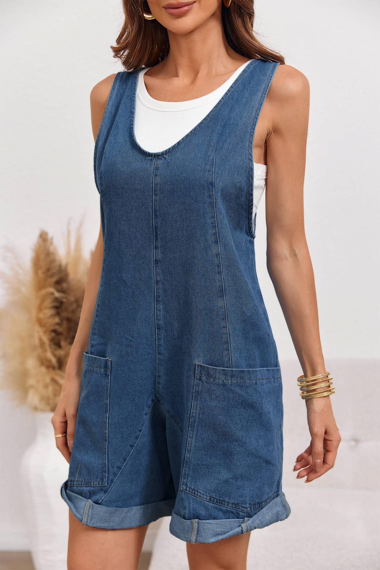 Summer Wide-pocket Loose Casual Convertible-cuff Jumpsuit