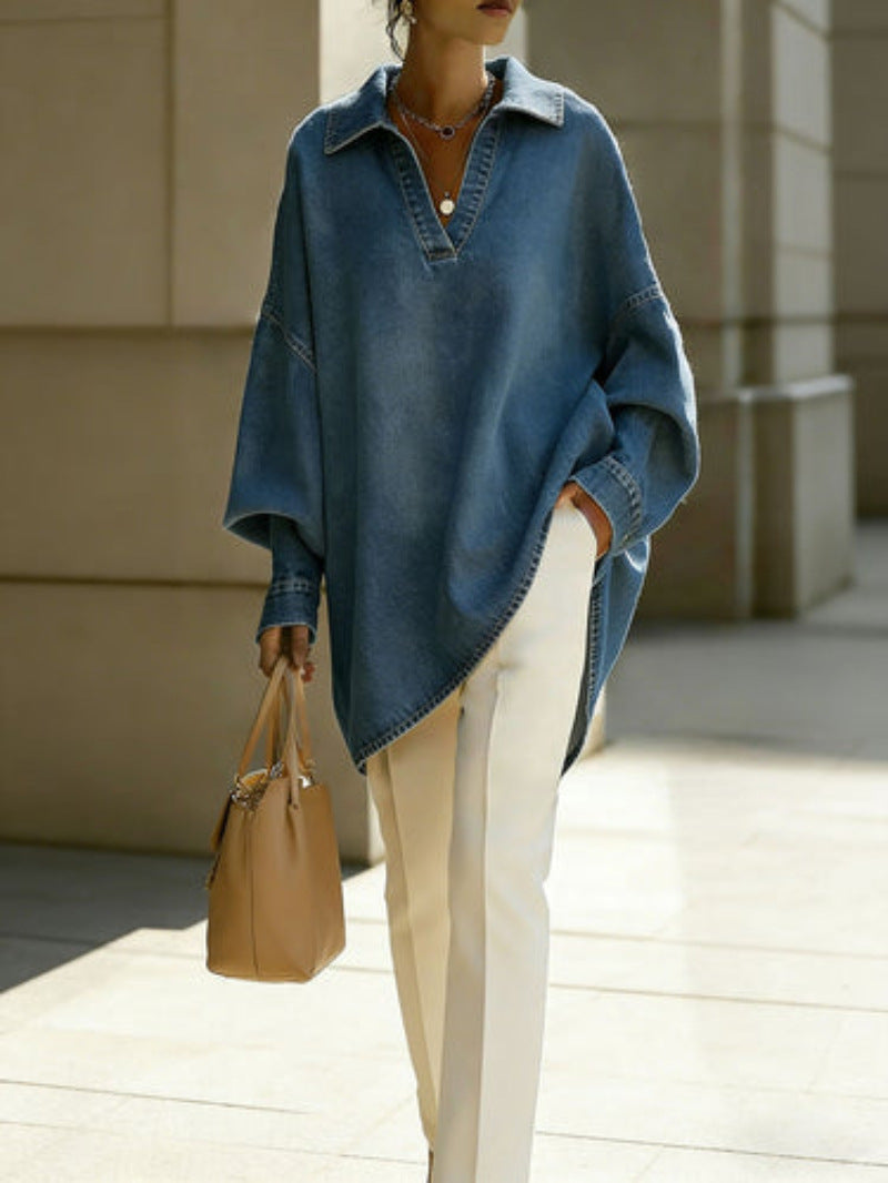 Women's Loose-fitting Casual Denim Shirt For Commuting
