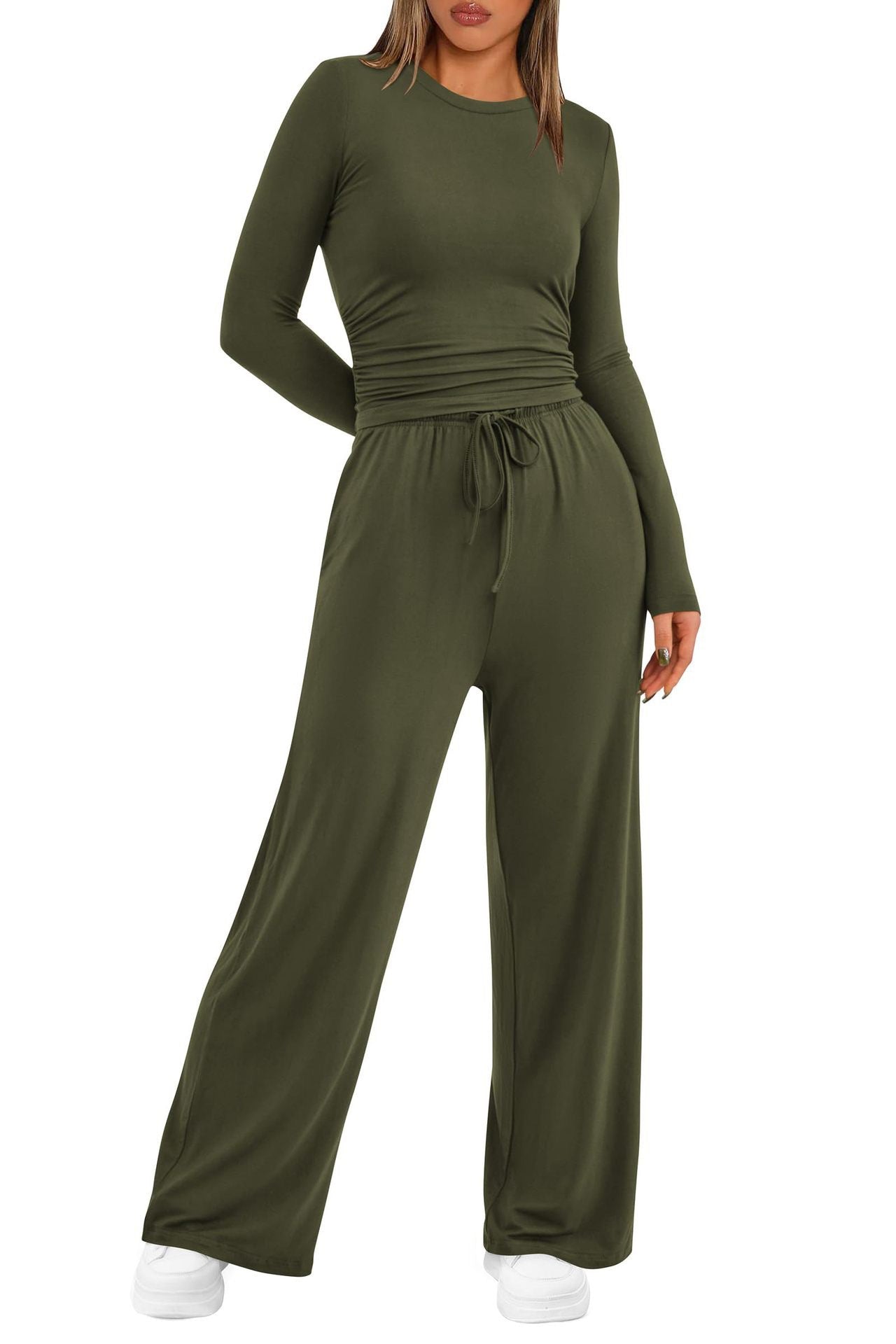 2 Pieces Women's Suit Autumn Winte Long Sleeve Tops High Waisted Wide Leg Pants Sportswear Female Clothes Solid Color Casual Suit