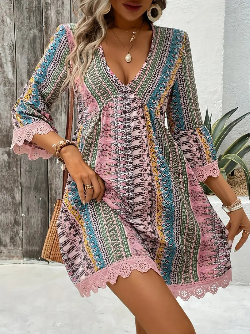 Bohemian Style V-neck Printed Dress Fashion Casual Loose Beach Dresses For Women