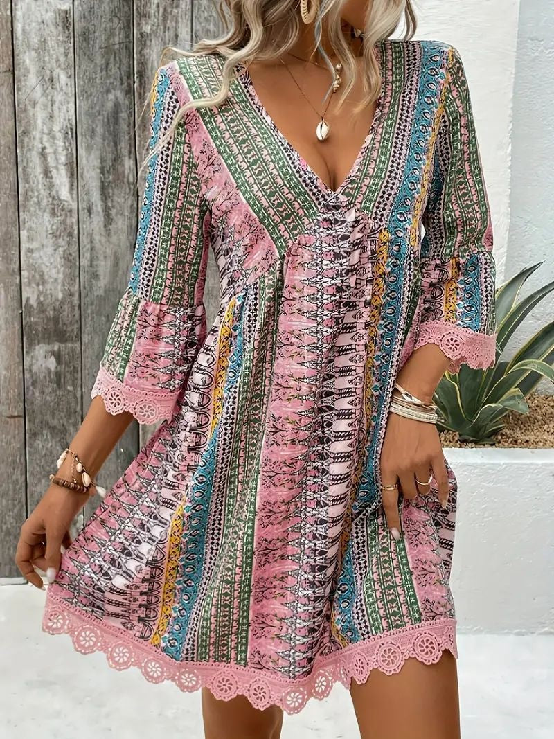 Bohemian Style V-neck Printed Dress Fashion Casual Loose Beach Dresses For Women
