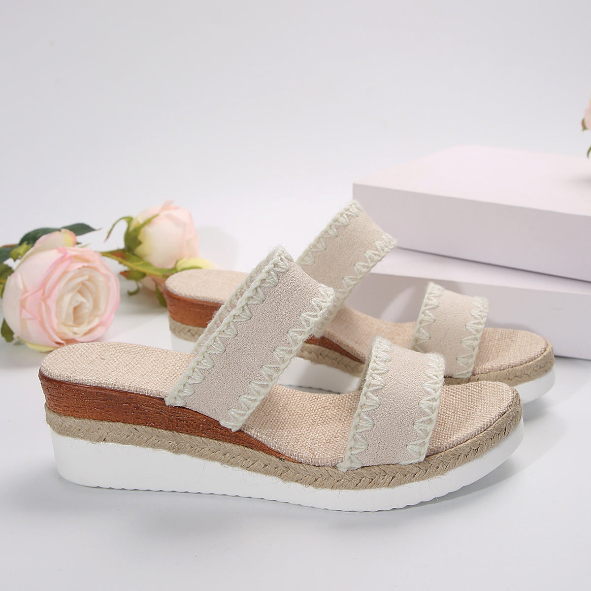 New Hemp Rope Woven Wedge Slippers Summer Ethnic Style Sandals Double Wide Strappy Shoes For Women