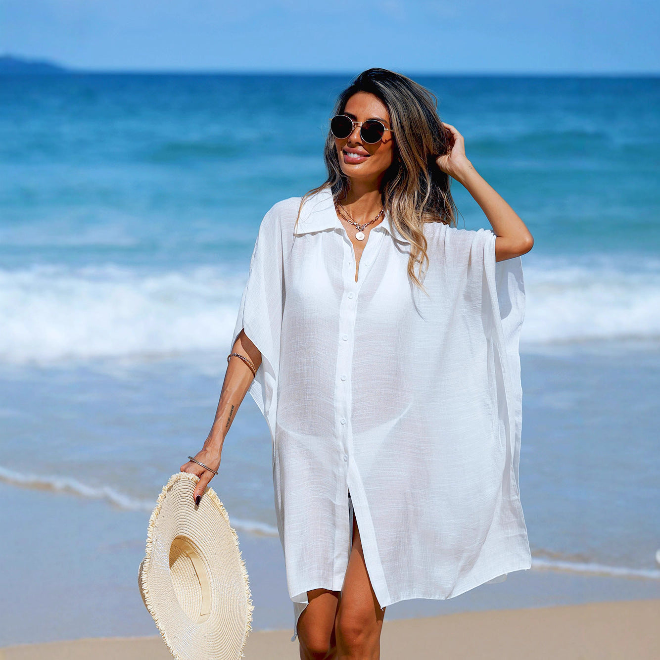Polo-collar Shirt Bikini Cover-up For Women