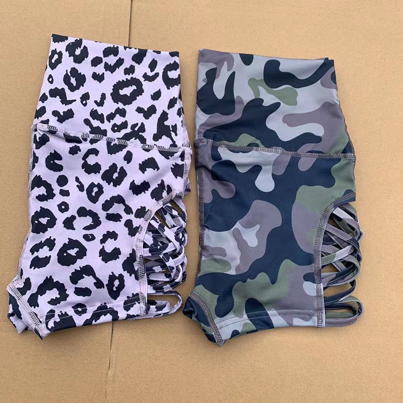 Camouflage Leopard Print Yoga Pants For Women High Waist Tight Shorts With Side Hollow Design Sexy Fitness Pole Dancing Sports Shorts