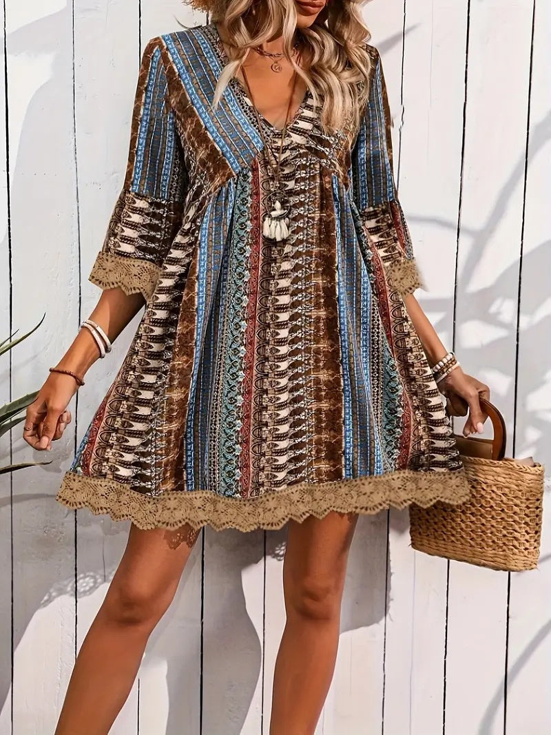 Bohemian Style V-neck Printed Dress Fashion Casual Loose Beach Dresses For Women