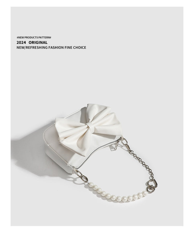 Black White PU Bow Handbags Autumn Winter Ladies Underarm Tote Bags Fashion Simple Pearl Chain Shoulder Bag Small Purse