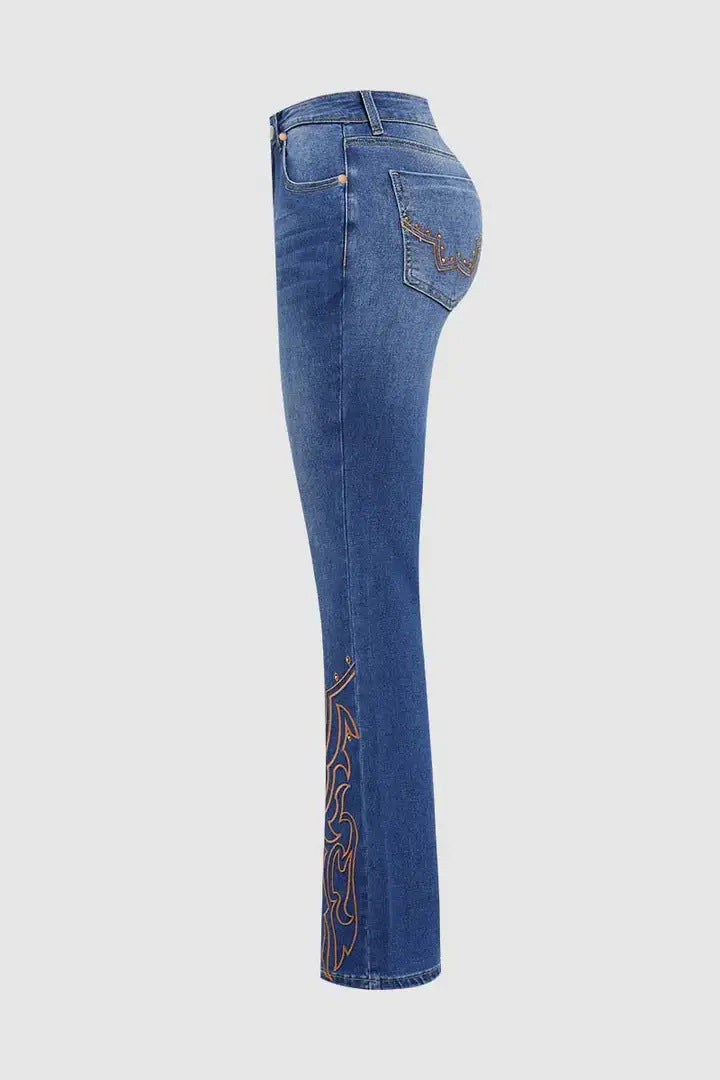 Womens Retro Beaded Embroidered Stretch Denim Jeans