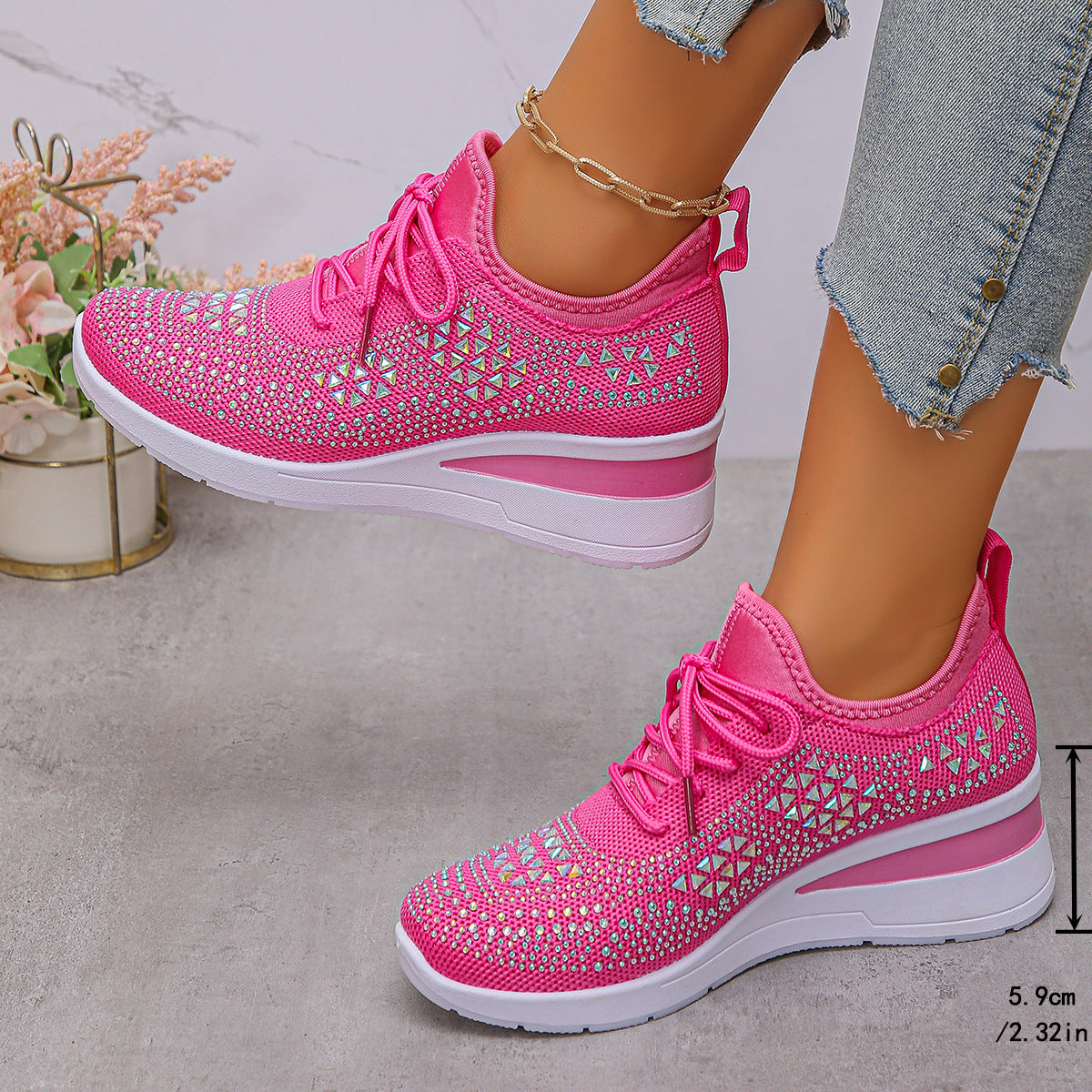 Ins Rhinestone Sneakers Fashion Lace Up Wedges Casual Shoes Women's Daily Commuting Sports Shoes