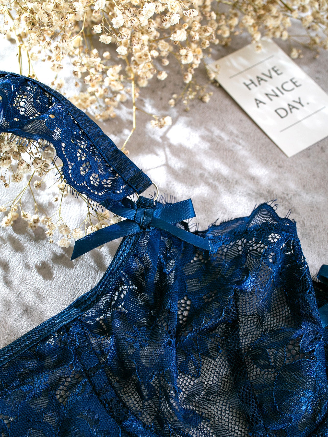 Lace Ruffle-Cuffed Sleeve Bow-Trim Sexy Lingerie Set For Women
