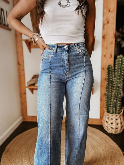Women's Fashion Casual Washed Stretch Mid-rise Straight Leg Jeans