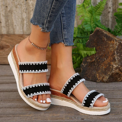 New Hemp Rope Woven Wedge Slippers Summer Ethnic Style Sandals Double Wide Strappy Shoes For Women