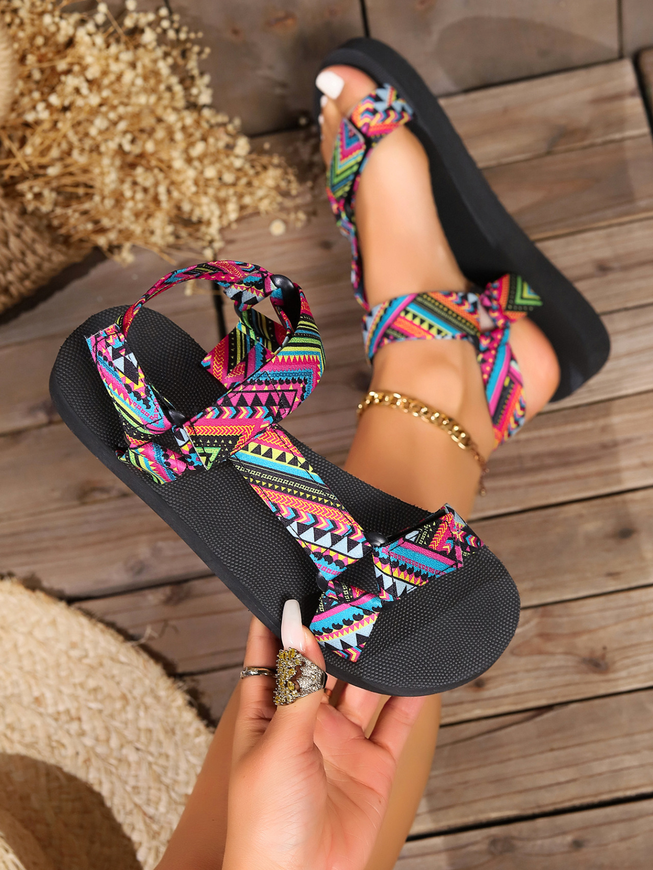 Printed Velcro-design Sandals Summer Ethnic Style Thick Flat Sandals Women's Fashion Casual Beach Shoes