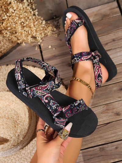 Printed Velcro-design Sandals Summer Ethnic Style Thick Flat Sandals Women's Fashion Casual Beach Shoes