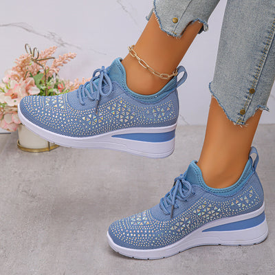 Ins Rhinestone Sneakers Fashion Lace Up Wedges Casual Shoes Women's Daily Commuting Sports Shoes