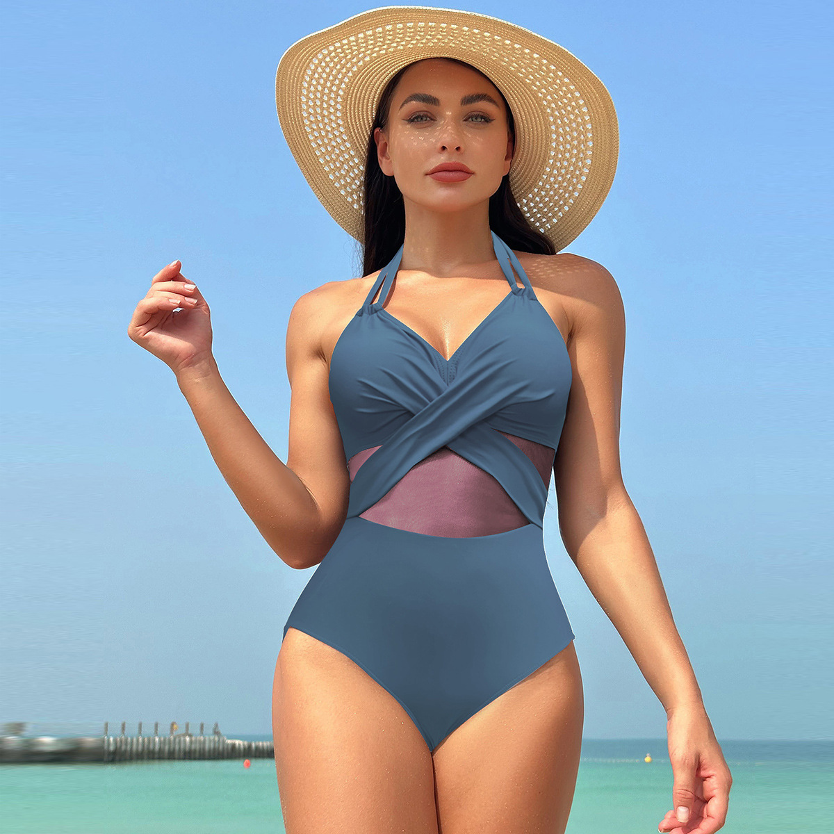 Halter-neck One-piece Swimsuit Summer Solid Color Cross-strap Design Mesh Bikini Beach Vacation Womens Clothing
