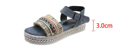 Fashion Tassel Denim Sandals With Thick-soled Flat Heel New Summer Hemp Rope Sole Ethnic Style Shoes For Women