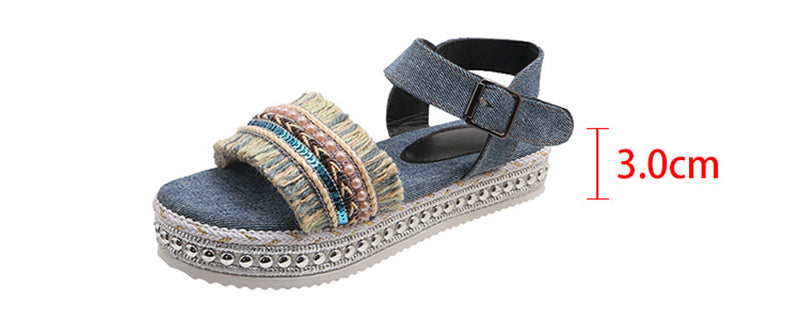 Fashion Tassel Denim Sandals With Thick-soled Flat Heel New Summer Hemp Rope Sole Ethnic Style Shoes For Women