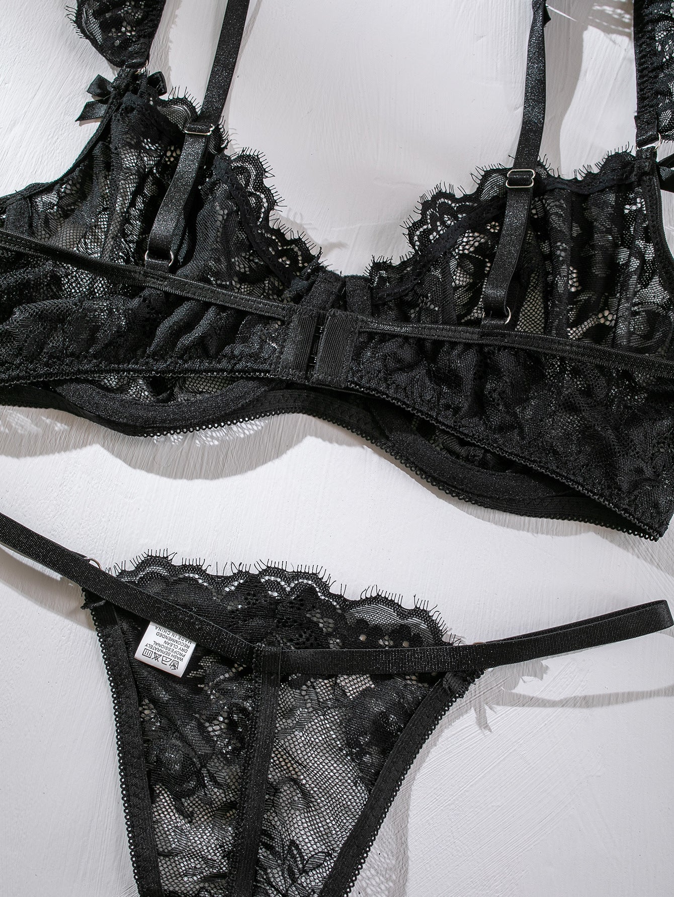 Lace Ruffle-Cuffed Sleeve Bow-Trim Sexy Lingerie Set For Women