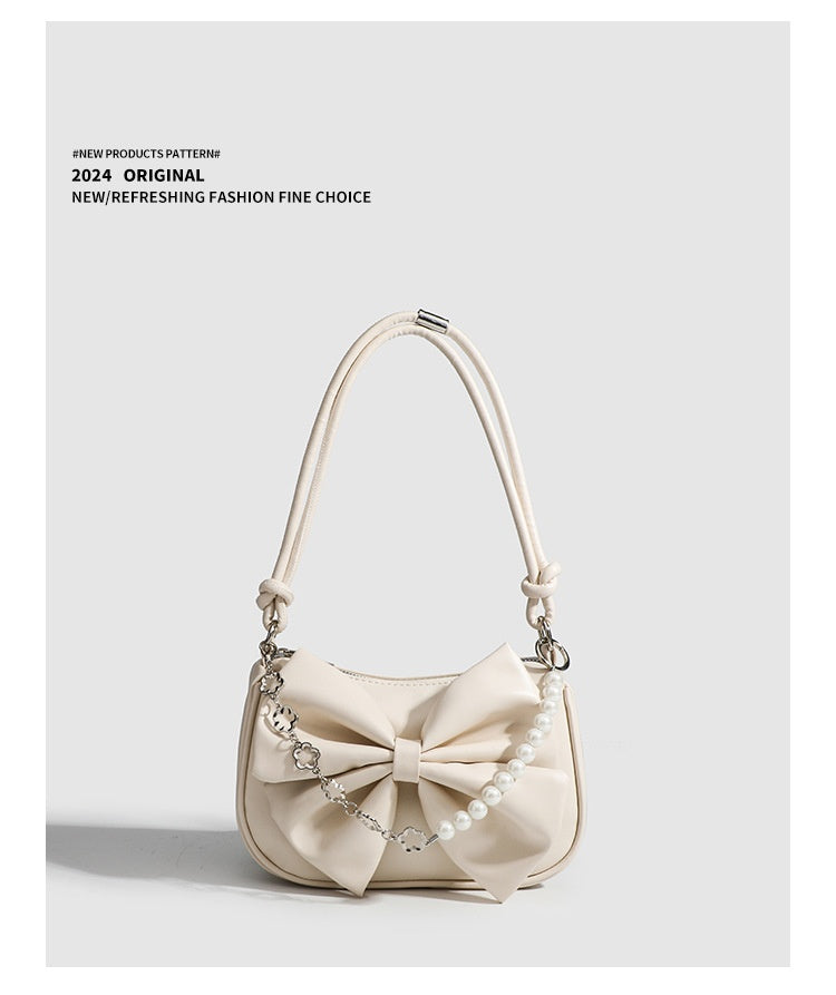 Black White PU Bow Handbags Autumn Winter Ladies Underarm Tote Bags Fashion Simple Pearl Chain Shoulder Bag Small Purse