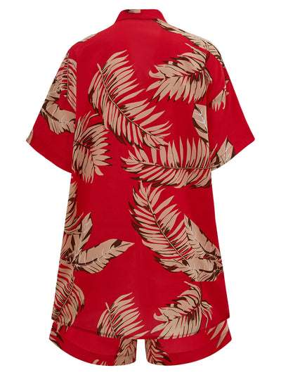 2pcs Casual Holiday Leaves Print Suit Summer Short Sleeve Shirt Top And Drawstring Shorts Sets For Womens Clothing