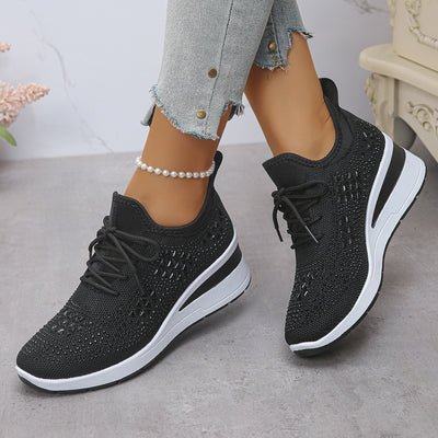 Ins Rhinestone Sneakers Fashion Lace Up Wedges Casual Shoes Women's Daily Commuting Sports Shoes
