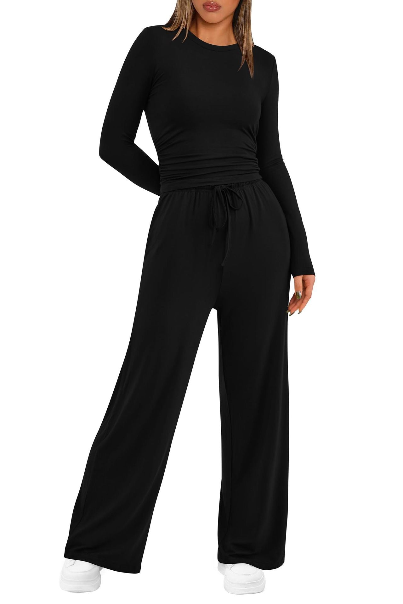 2 Pieces Women's Suit Autumn Winte Long Sleeve Tops High Waisted Wide Leg Pants Sportswear Female Clothes Solid Color Casual Suit