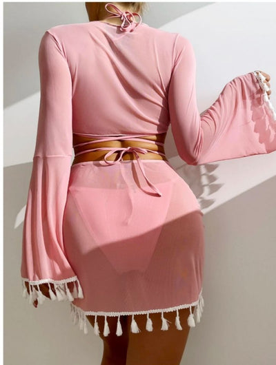 4pcs Solid Color Bikini With Short Skirt And Long Sleeve Cover-up Fashion Bow Tie Fringed Swimsuit Set Summer Beach Womens Clothing