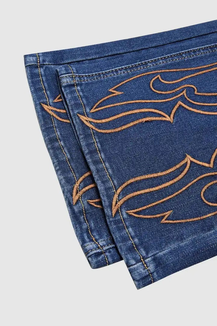 Womens Retro Beaded Embroidered Stretch Denim Jeans