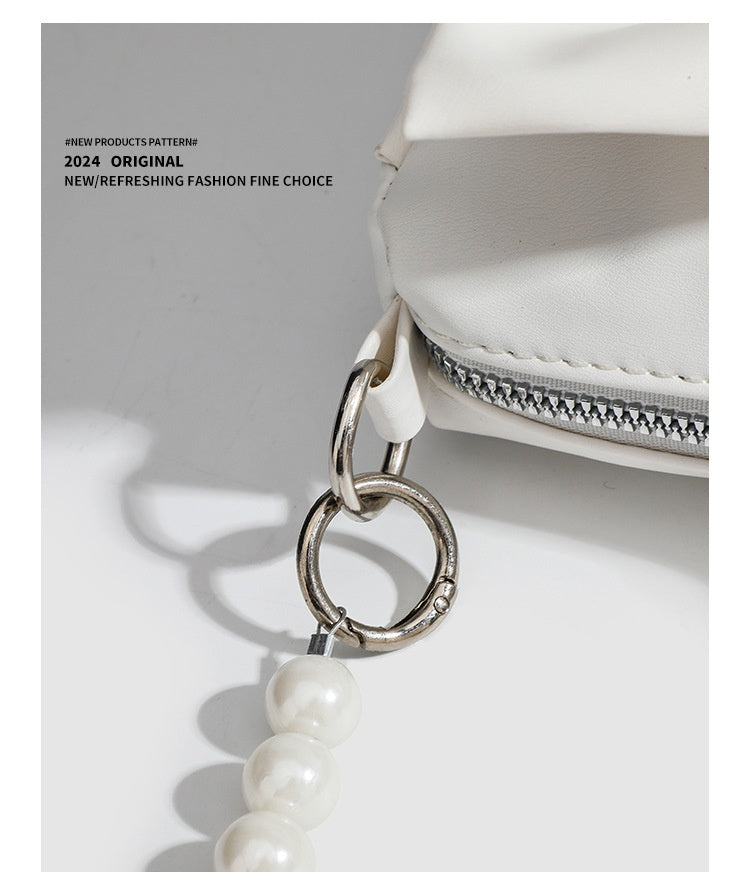 Black White PU Bow Handbags Autumn Winter Ladies Underarm Tote Bags Fashion Simple Pearl Chain Shoulder Bag Small Purse