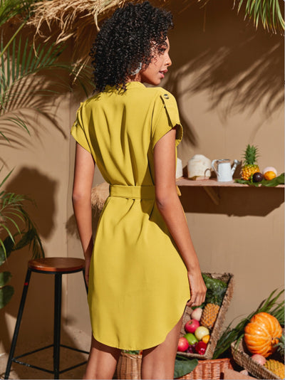 V-neck Short Sleeve Dress With Belt Summer Fashion Bowknot Dresses For Women Clothing