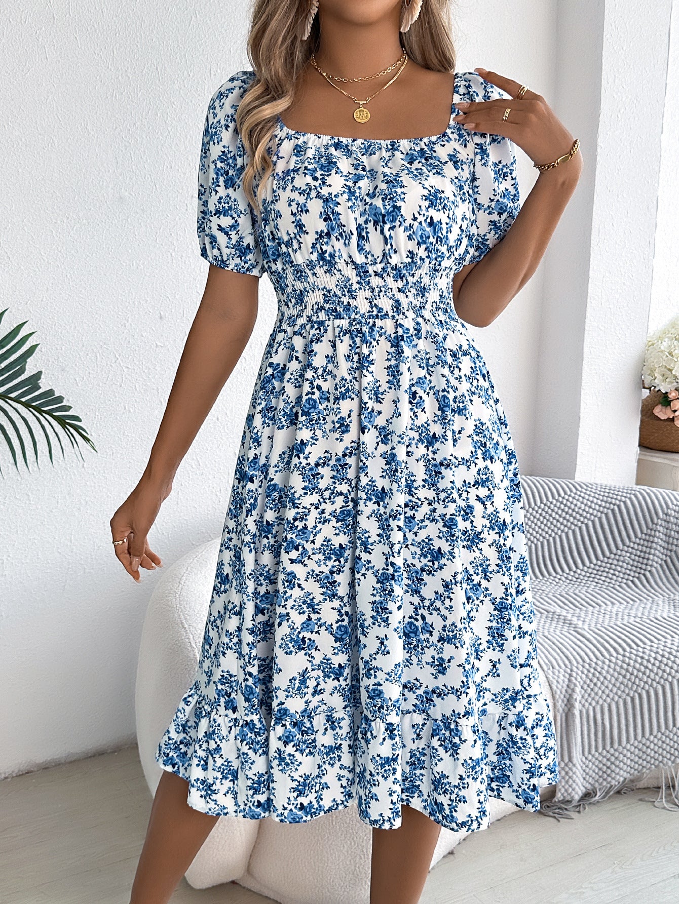 Floral Print Square Collar Dress Summer Fashion Ruffles Dresses Women's Clothing